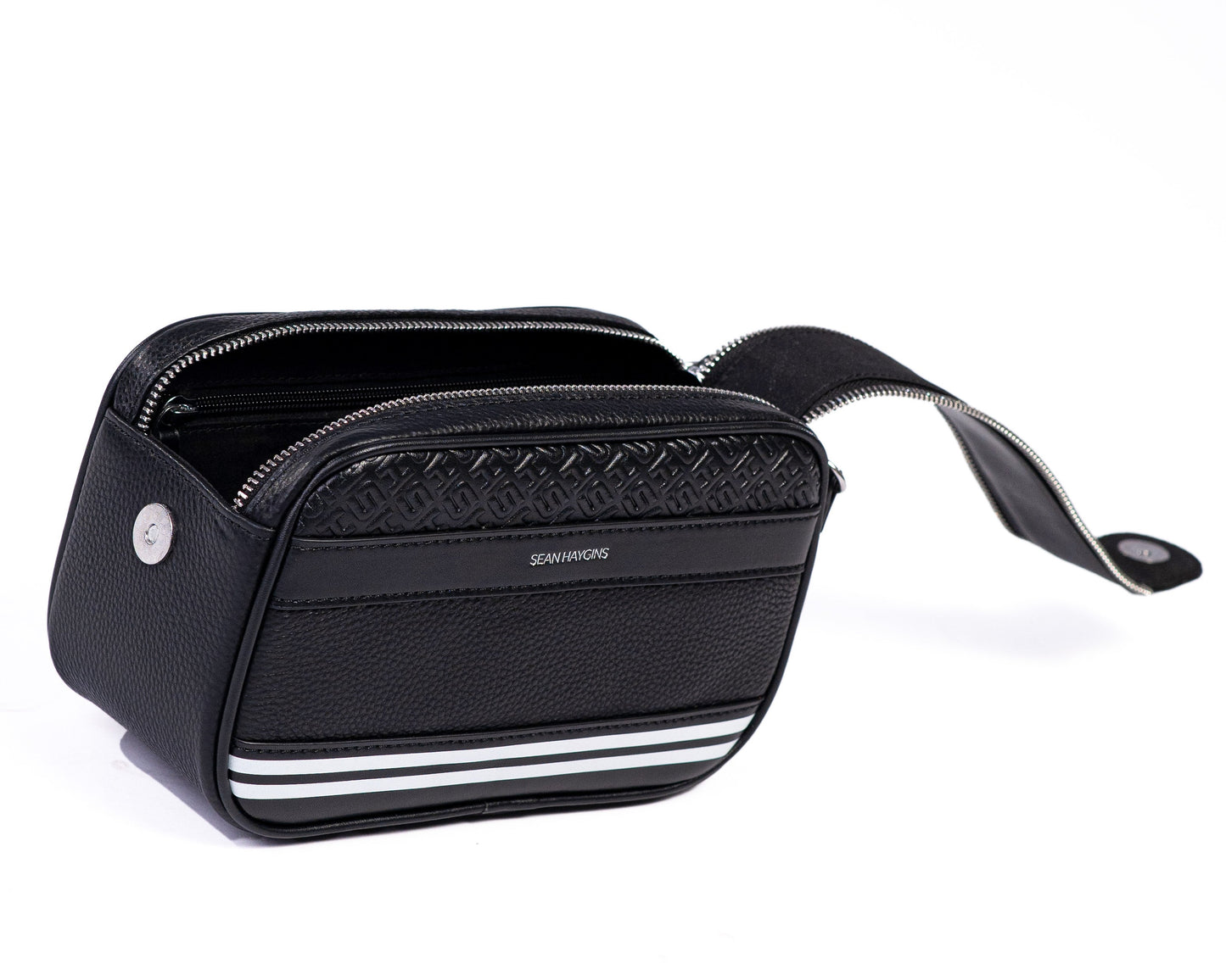 Black camera bag with brand logo on a white background