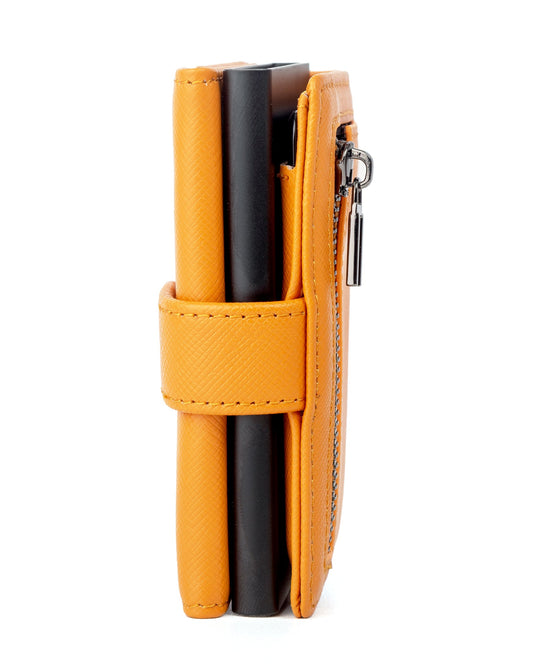 Orange wallet with a black rfid card storage space inside on a white background