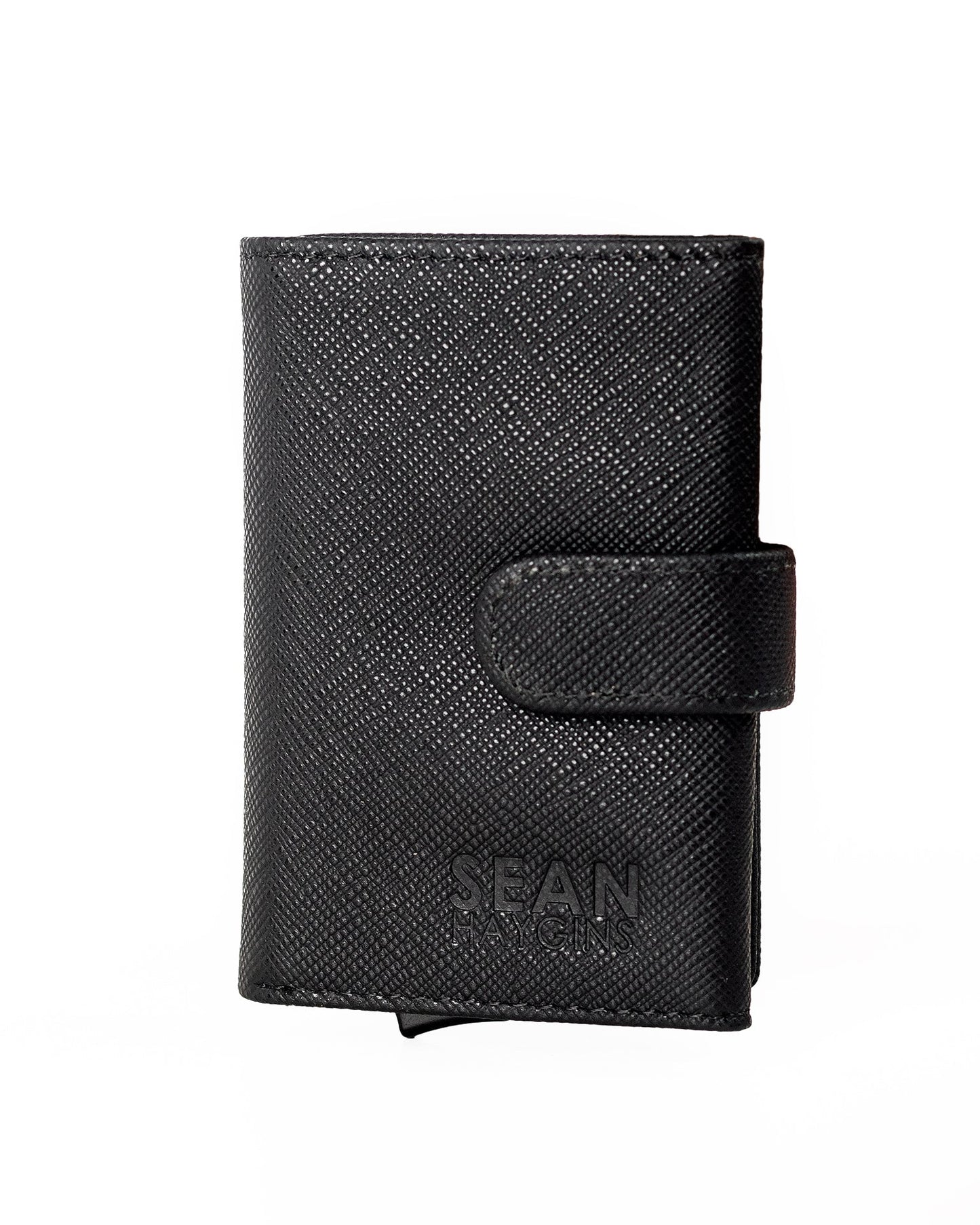Black wallet with 'SEAN Haygins' branding on a white background