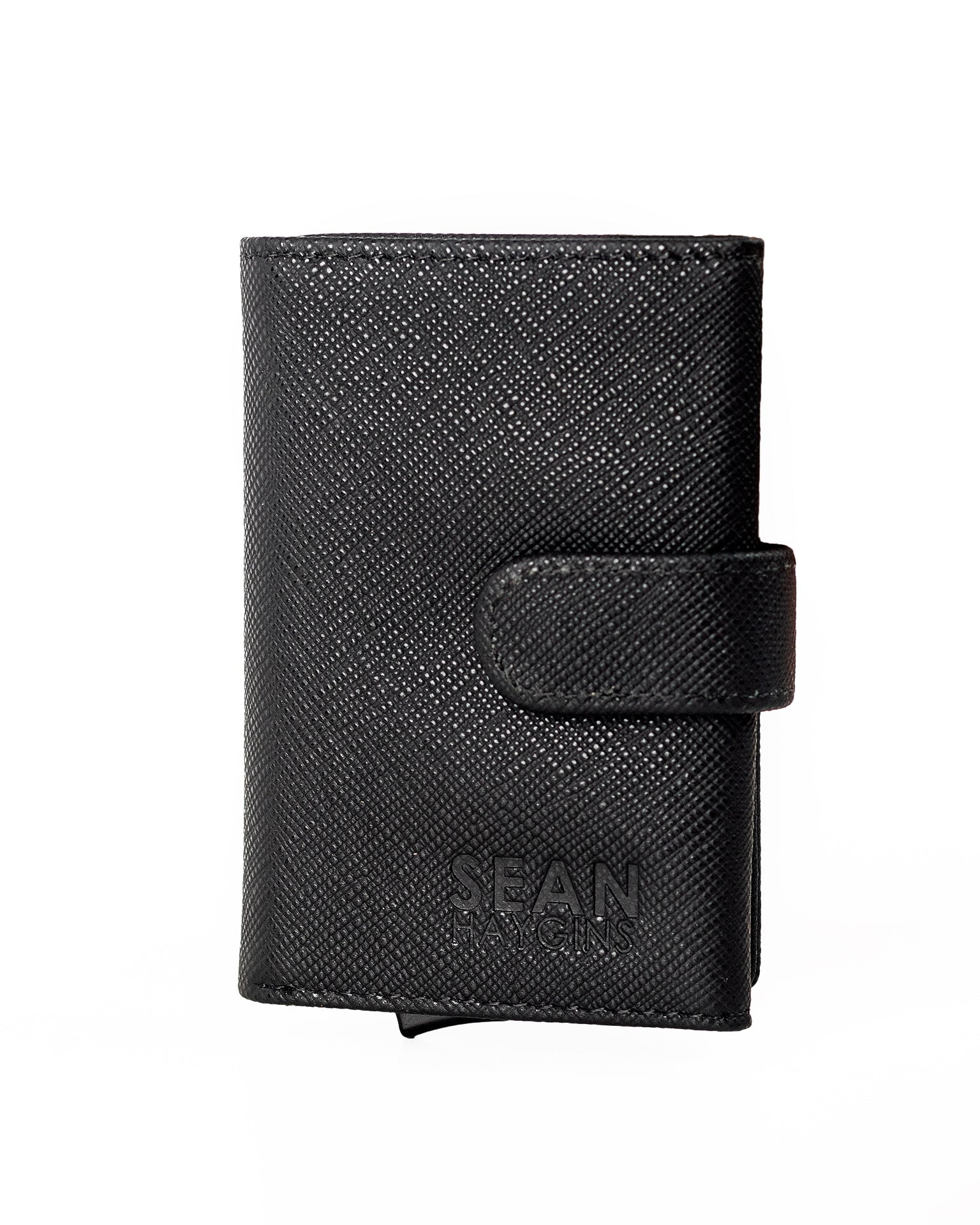 Black wallet with 'SEAN Haygins' branding on a white background