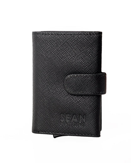 Black wallet with 'SEAN Haygins' branding on a white background