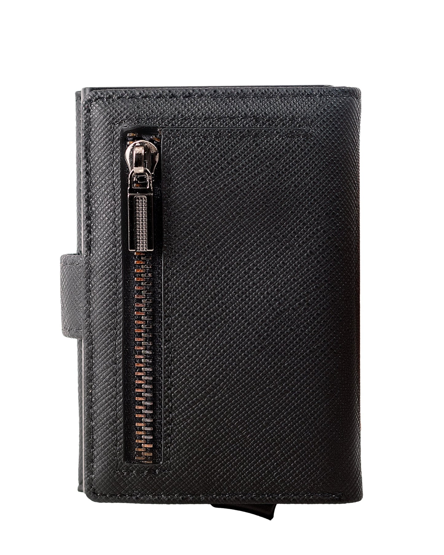 Black wallet with a zipper on a white background
