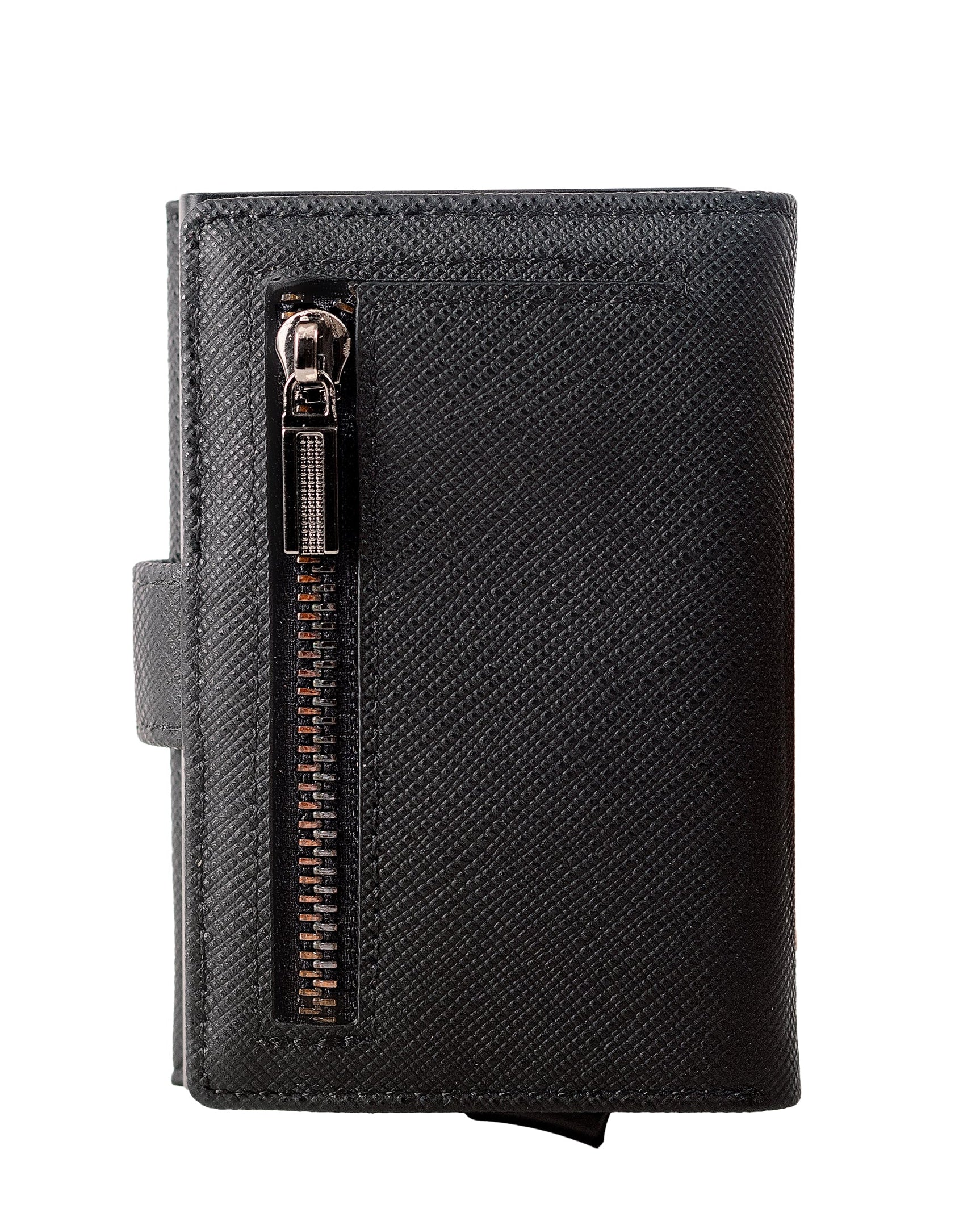 Black wallet with a zipper on a white background