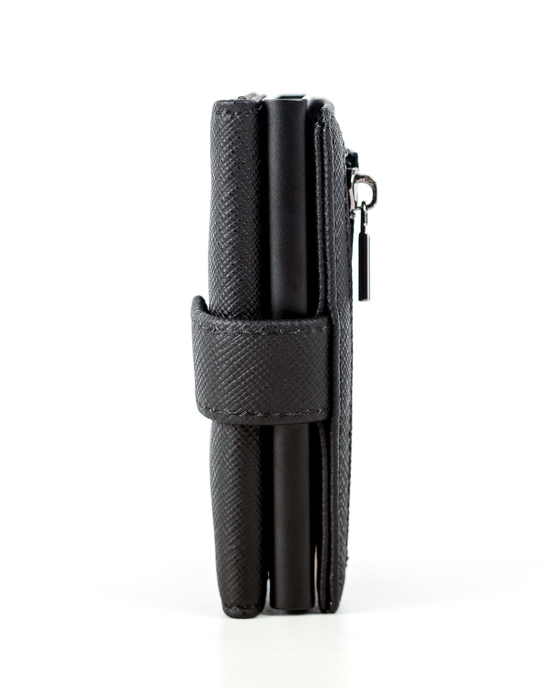 Black leather wallet with a zipper on a white background