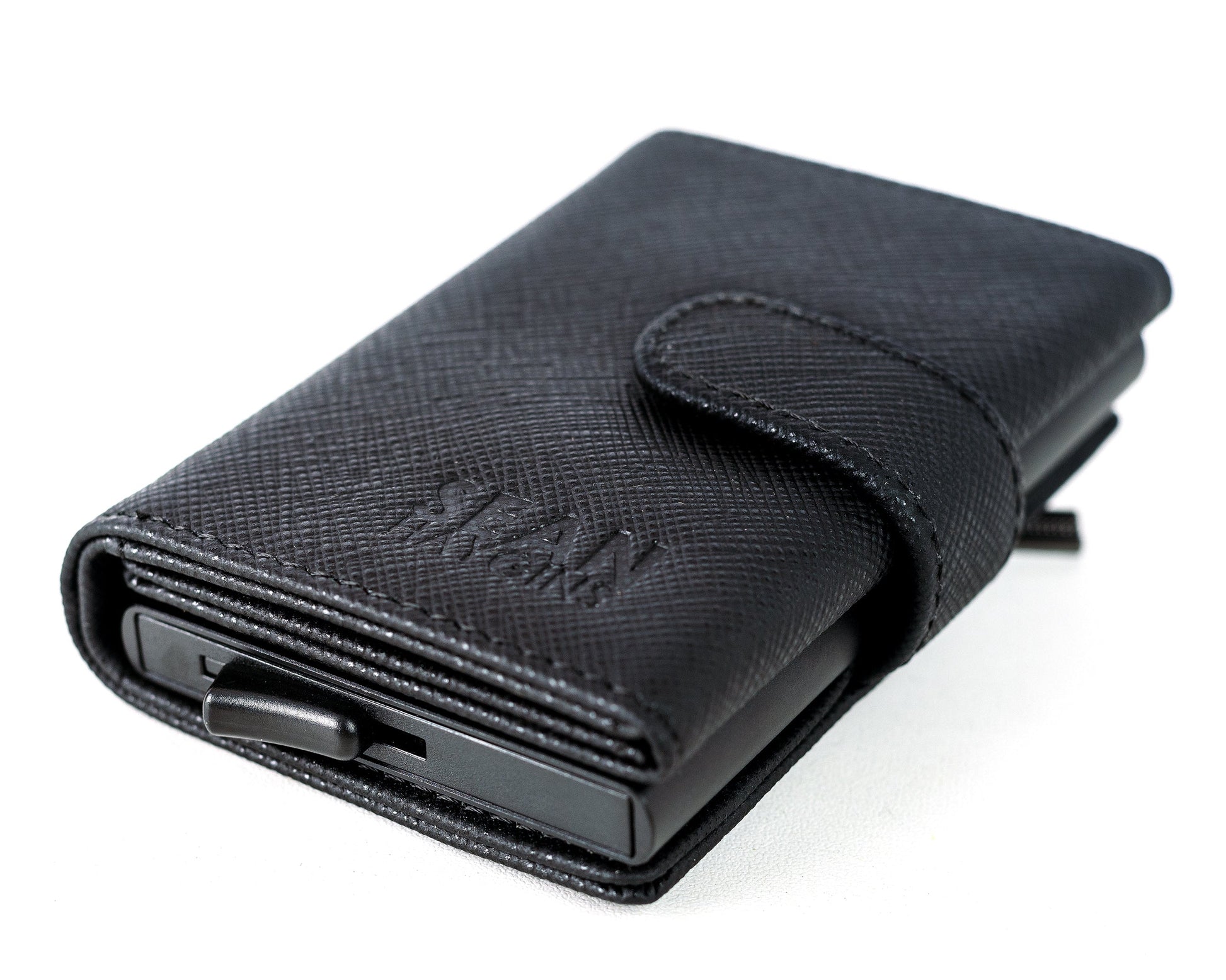 Black wallet with brand name on a white background