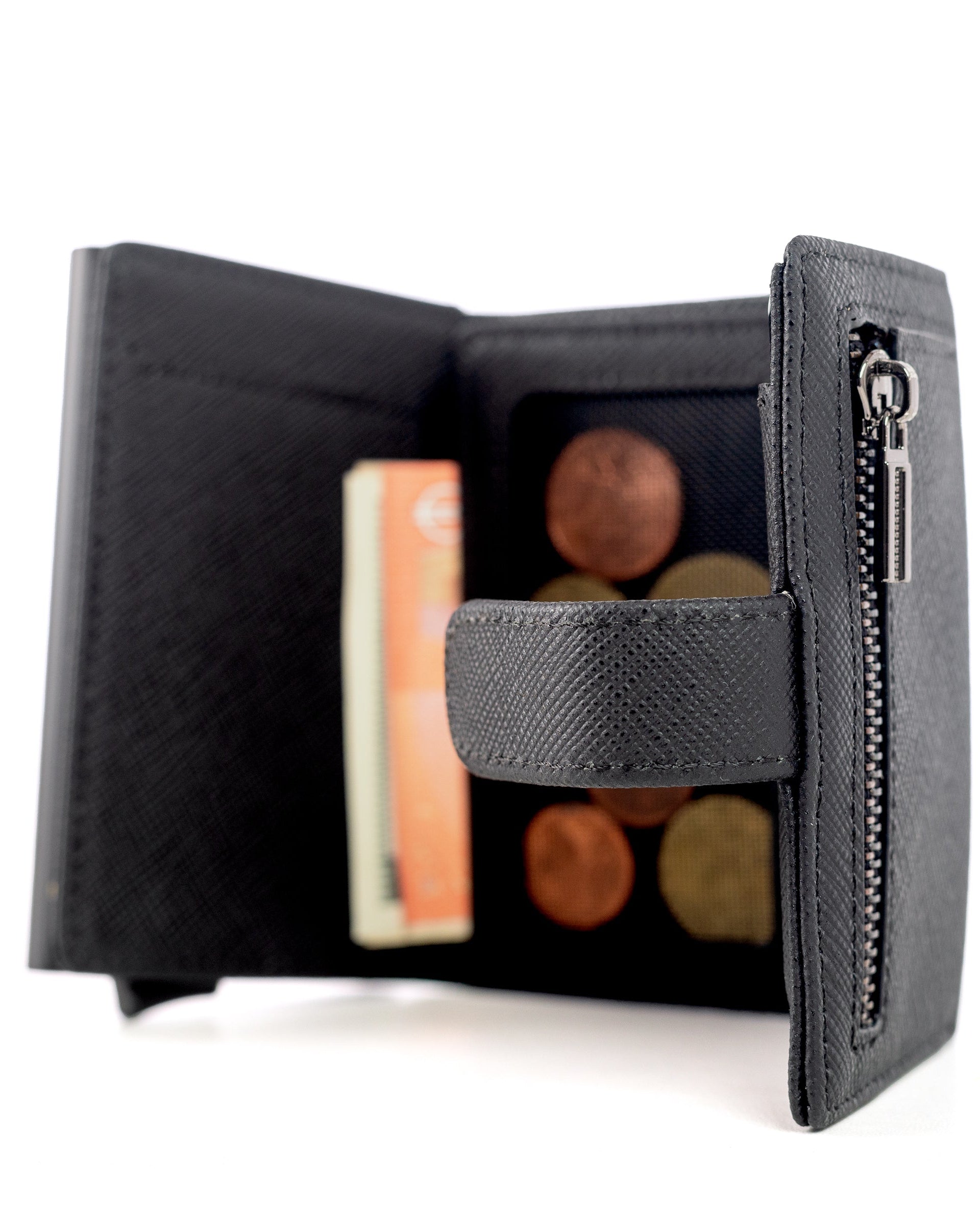 Black wallet with coins and cards on a white background