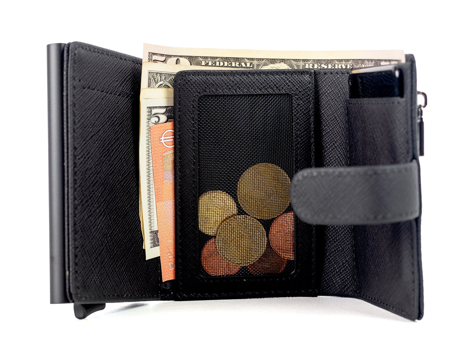 Black wallet with coins and money on a white background