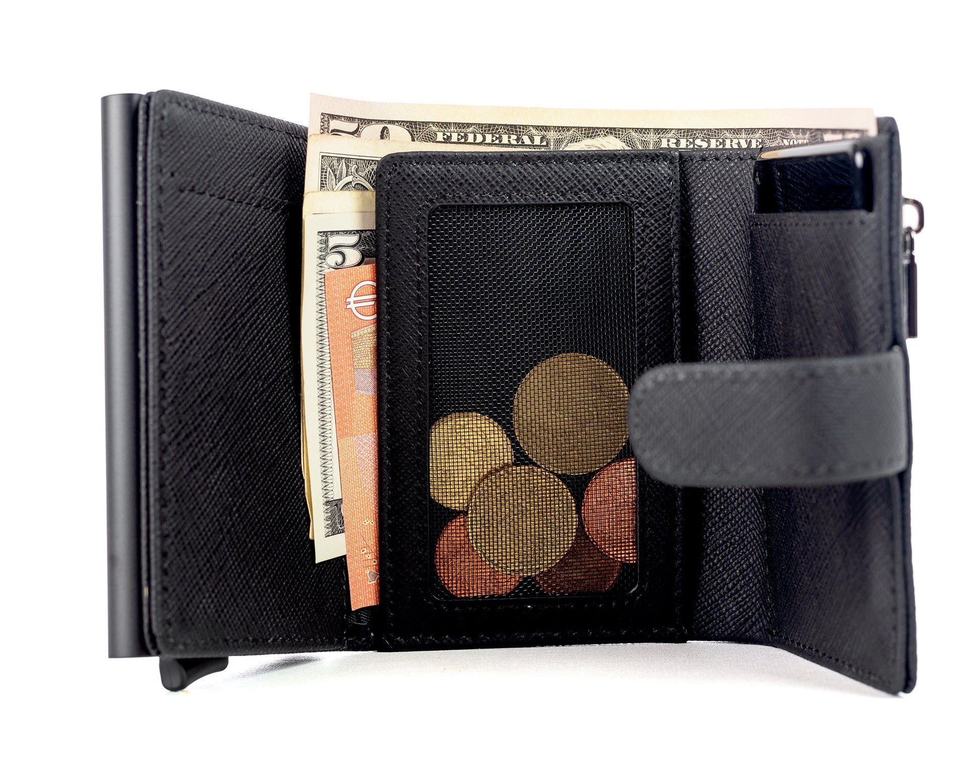 Black wallet with coins and money on a white background