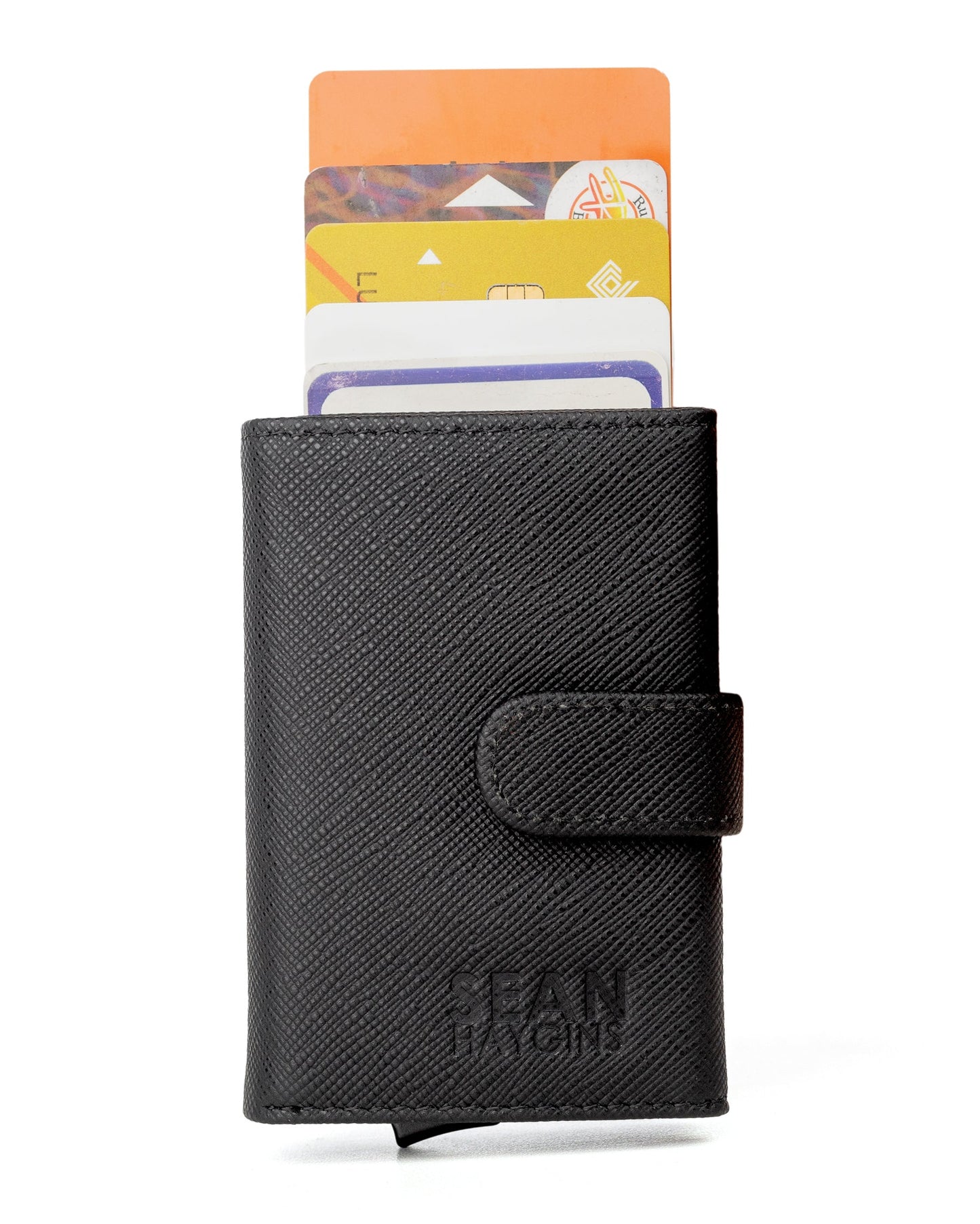 Black cardholder with colorful cards on a white background