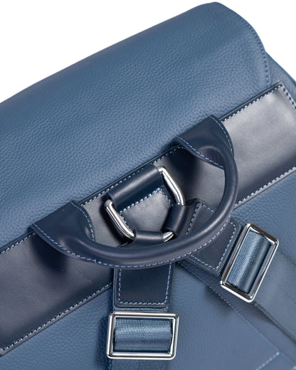 Blue leather briefcase with silver hardware on a white background