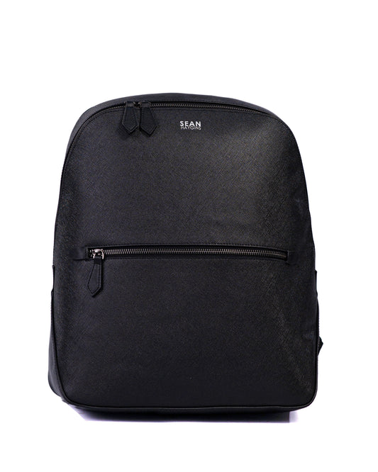 Black backpack with a visible brand logo on a white background