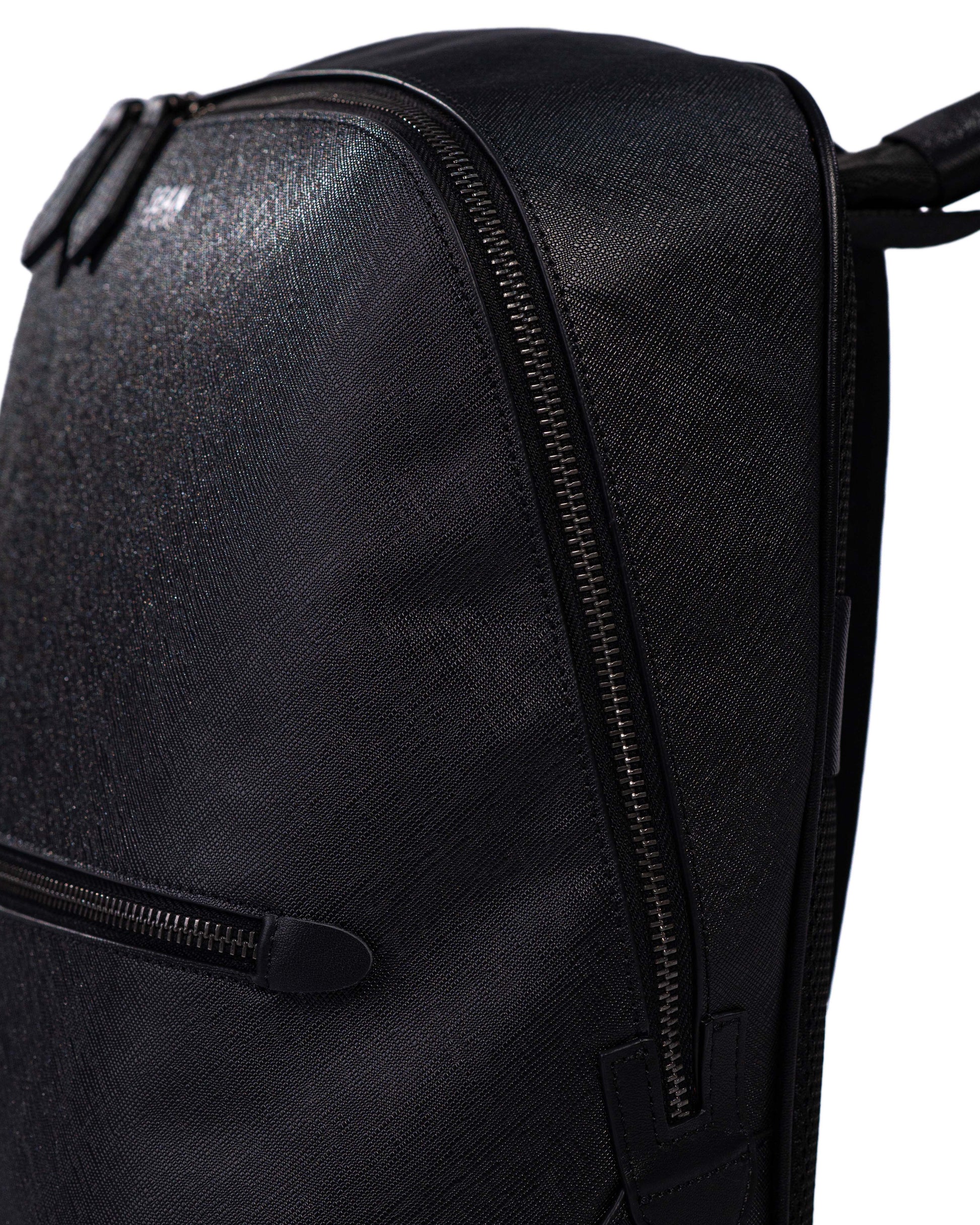 Black backpack with a visible brand logo on a white background