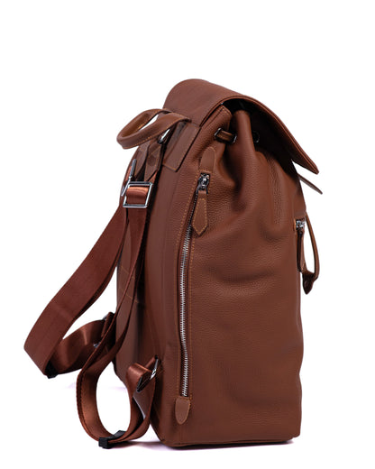 Brown leather backpack on a white background