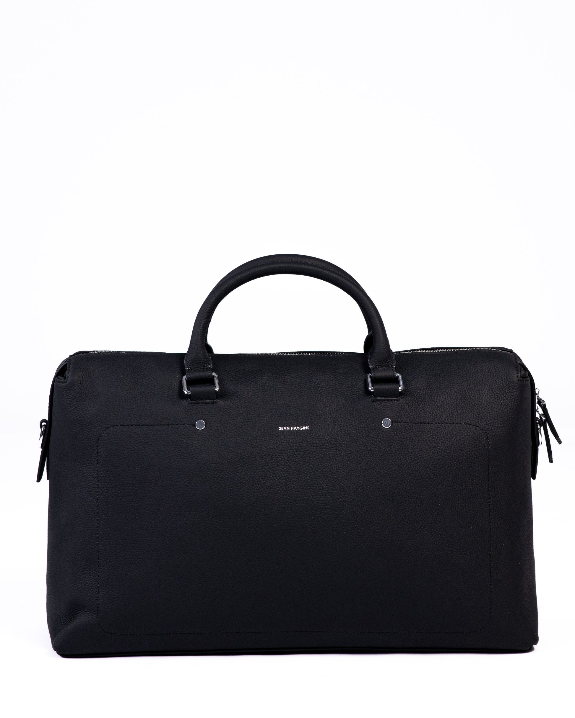 Black duffel bag on a white background