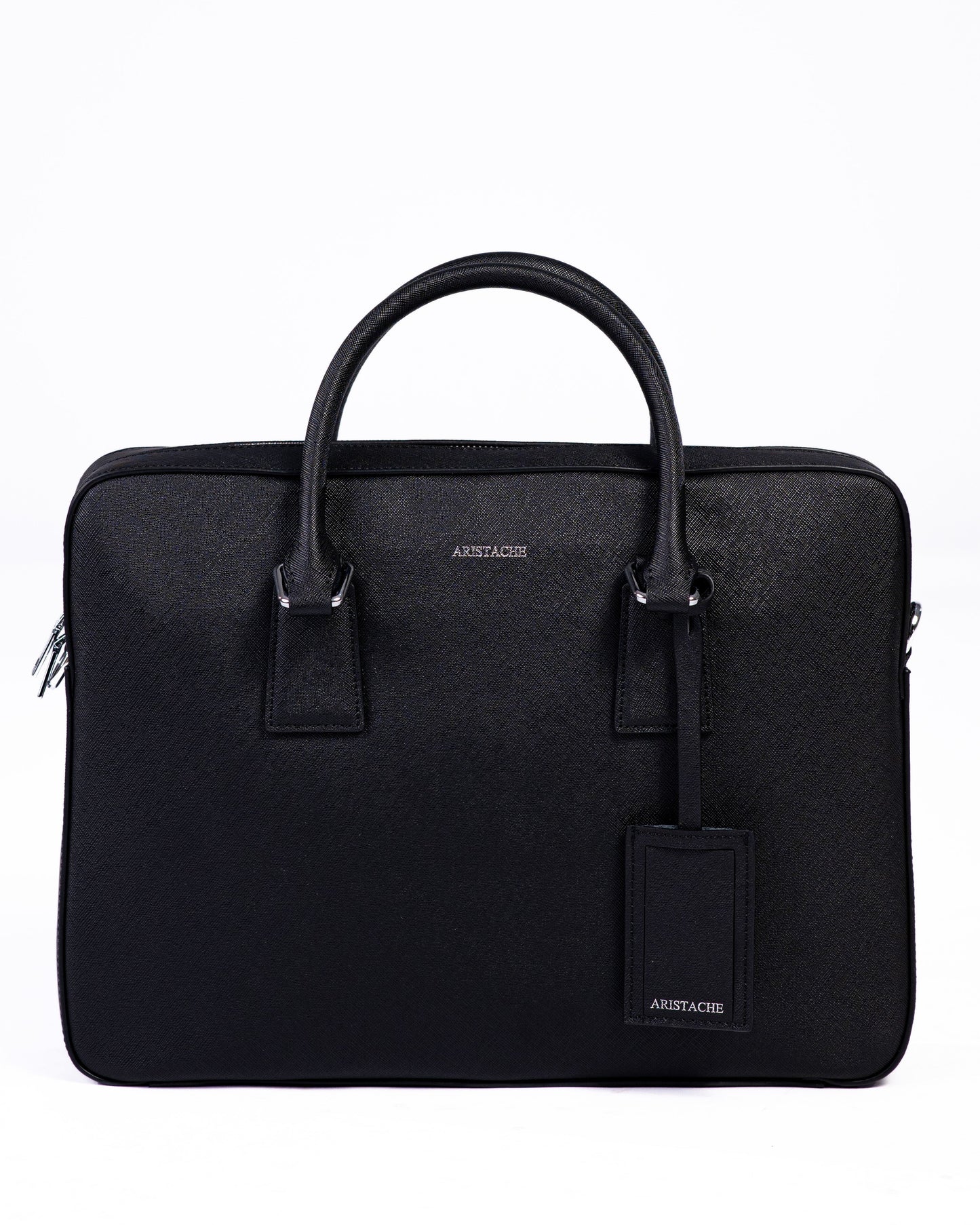 Black briefcase with handle on a white background