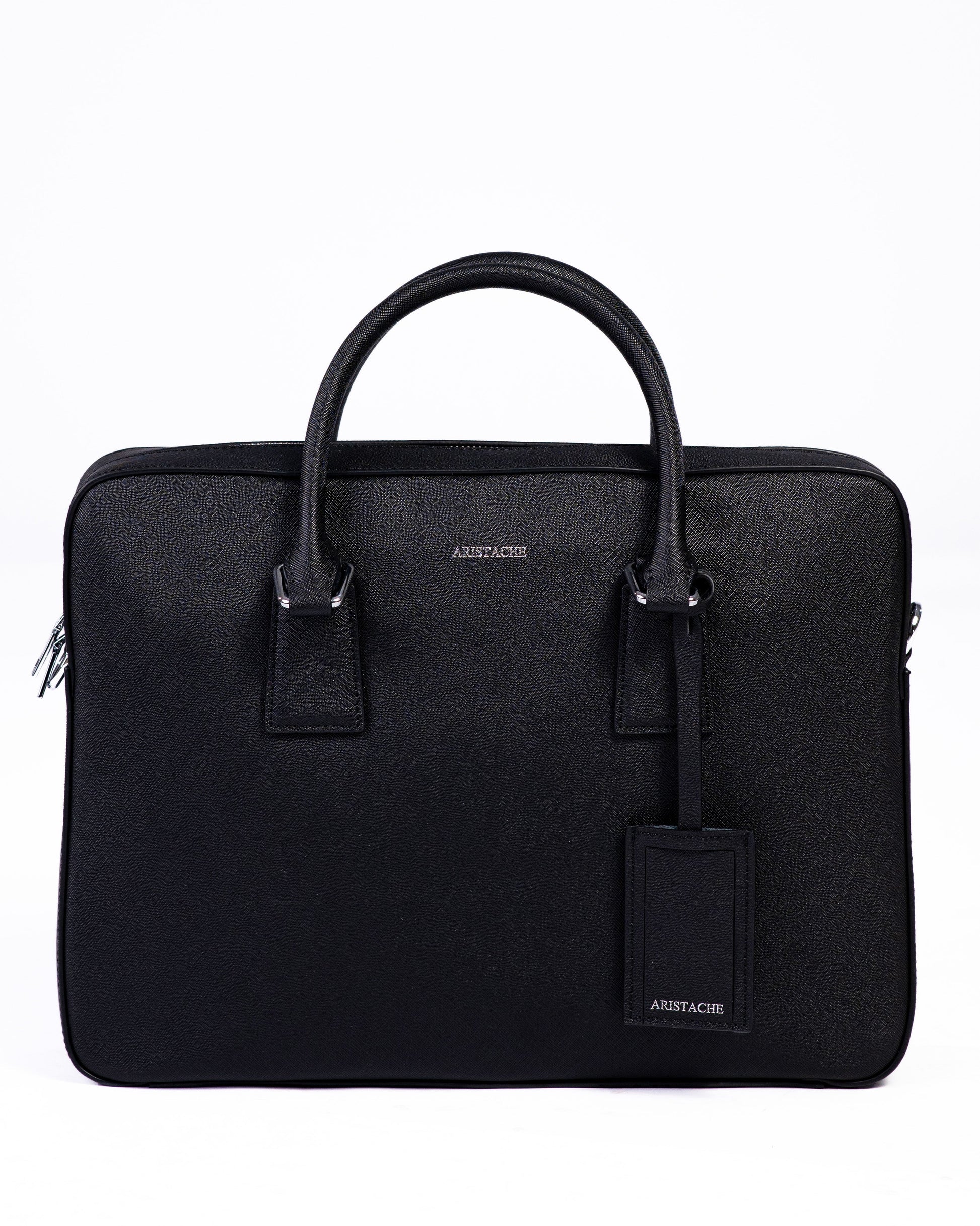 Black briefcase with handle on a white background