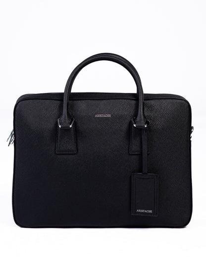Black briefcase with handle on a white background