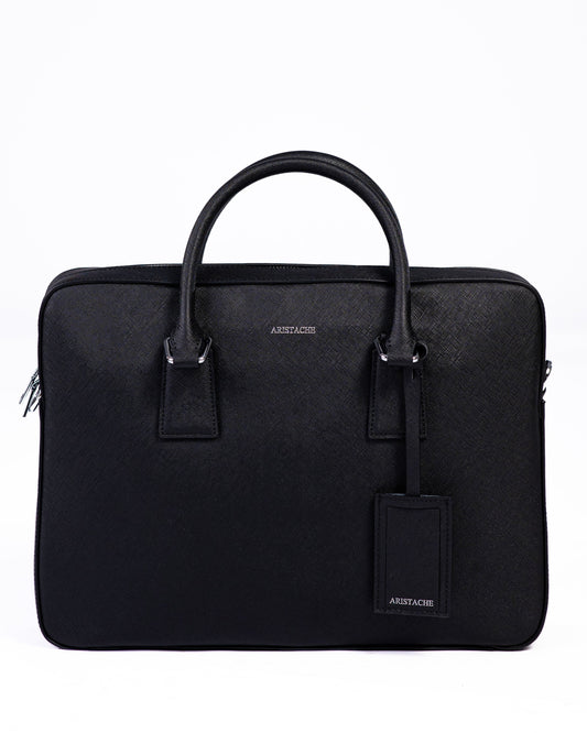 Black briefcase with handle on a white background