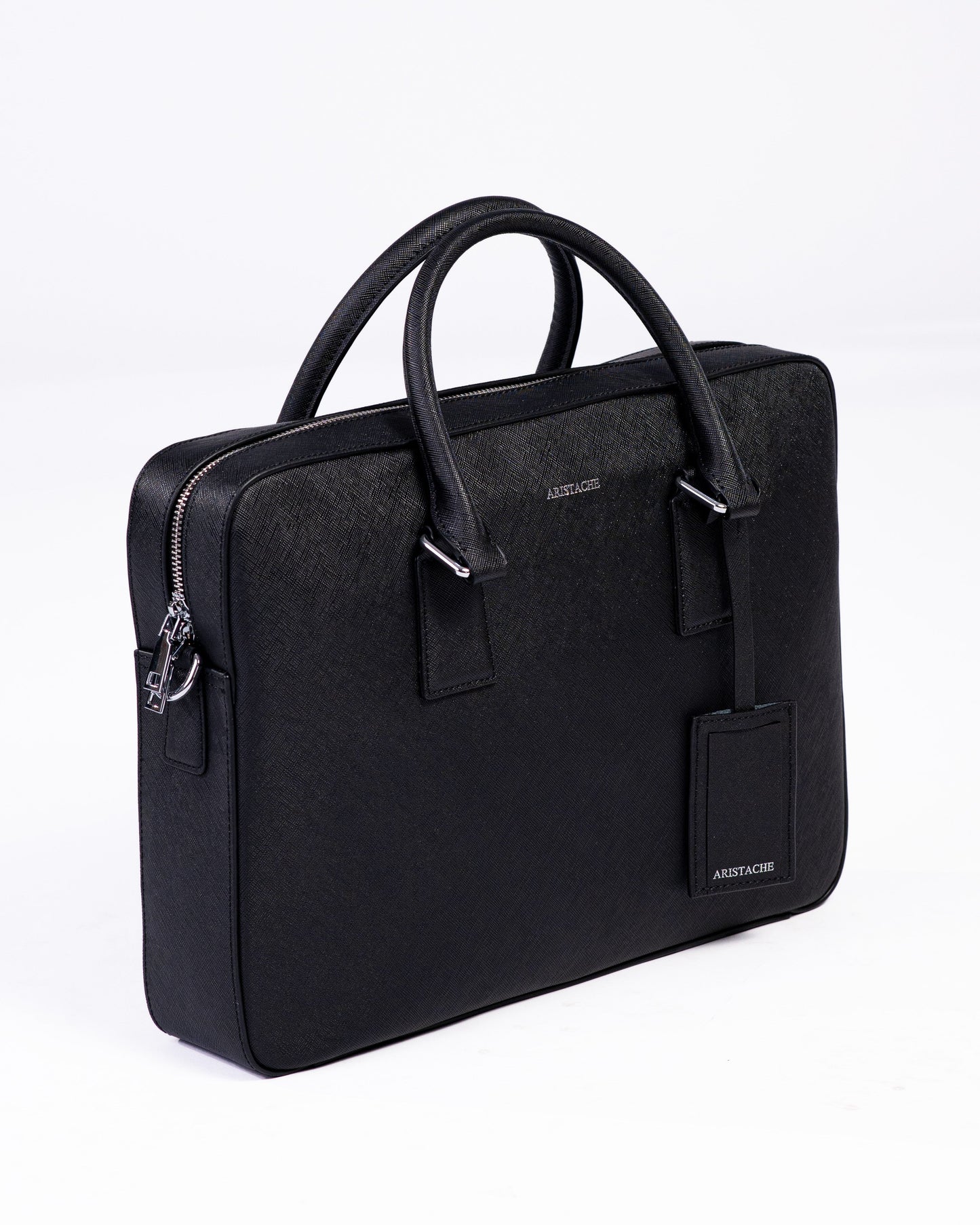 Black briefcase with visible brand logo on a white background