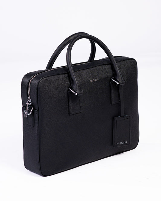 Black briefcase with visible brand logo on a white background