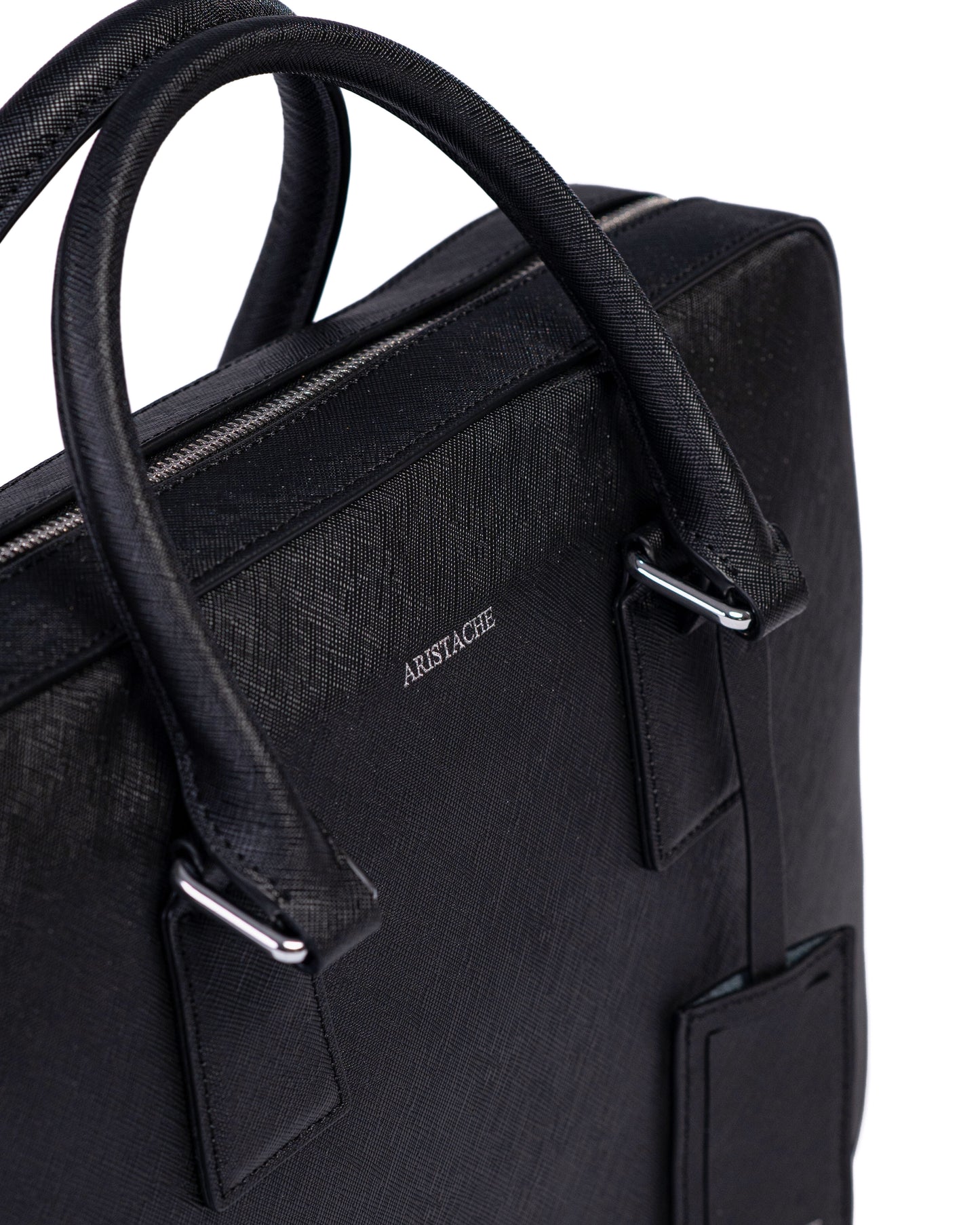 Black handbag with 'Aristache' branding on a white background