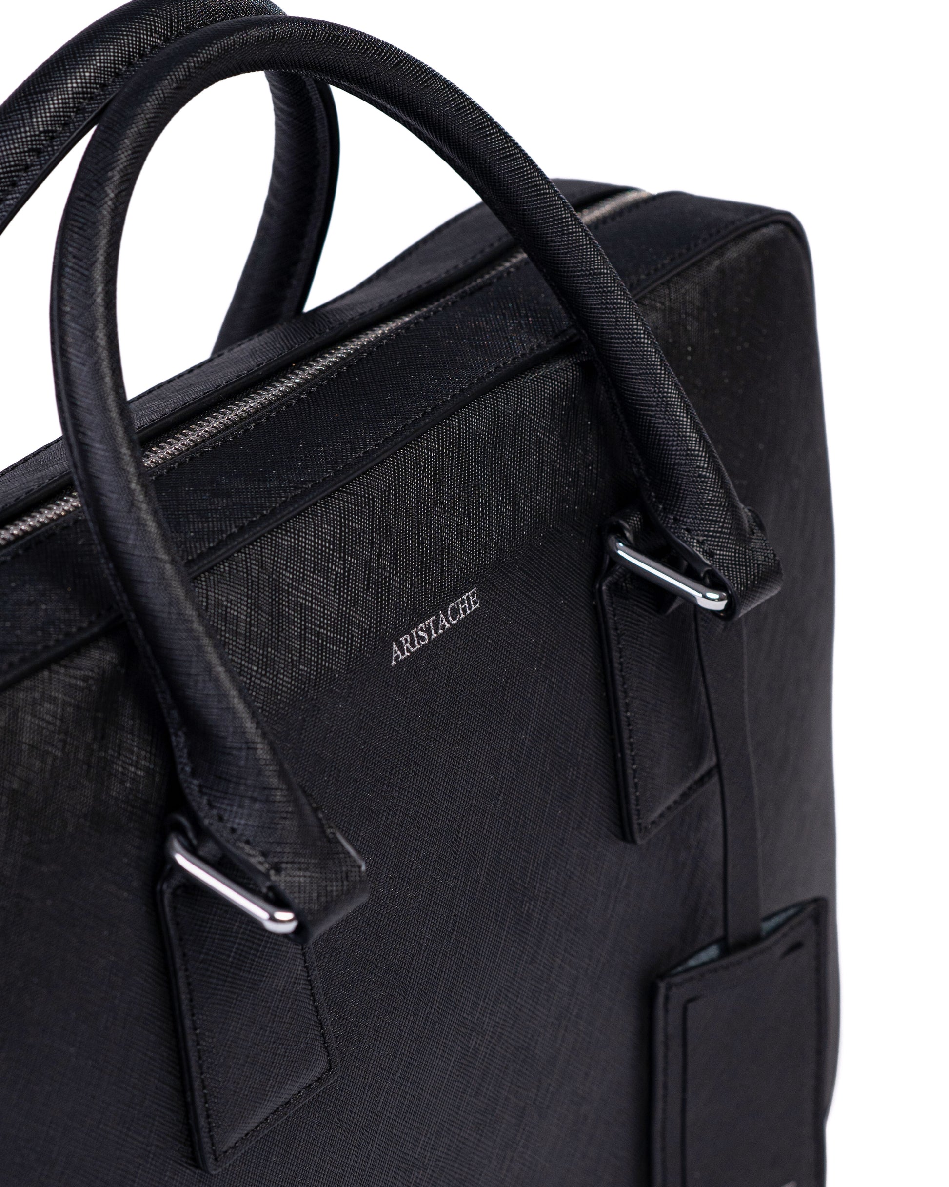 Black handbag with 'Aristache' branding on a white background