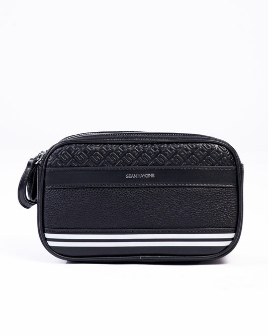 Black cosmetic bag with white stripes on a white background