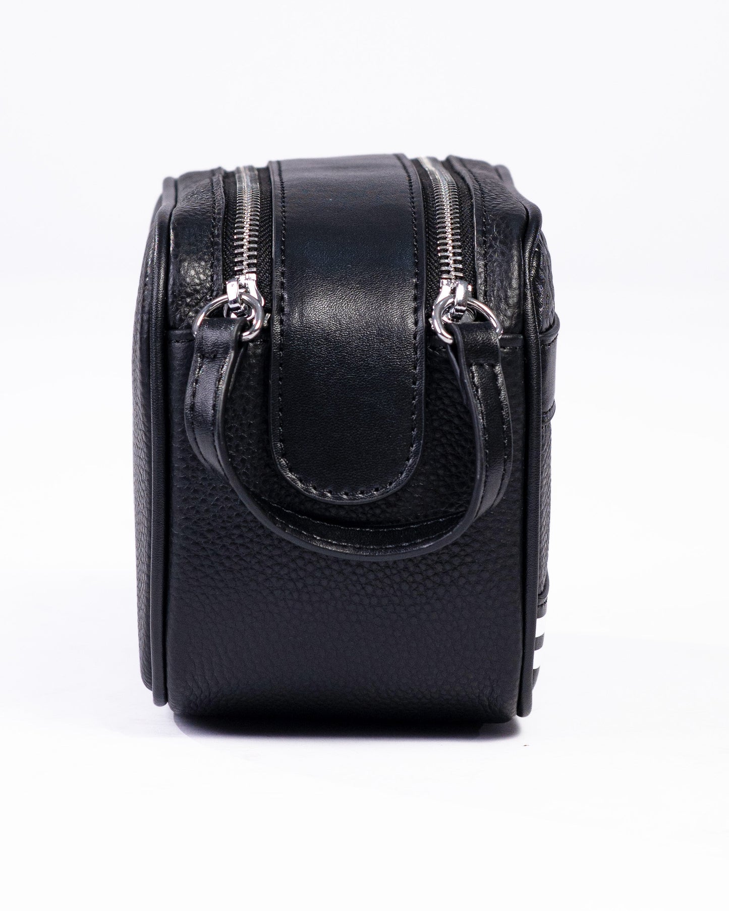 Black leather camera case on a white background