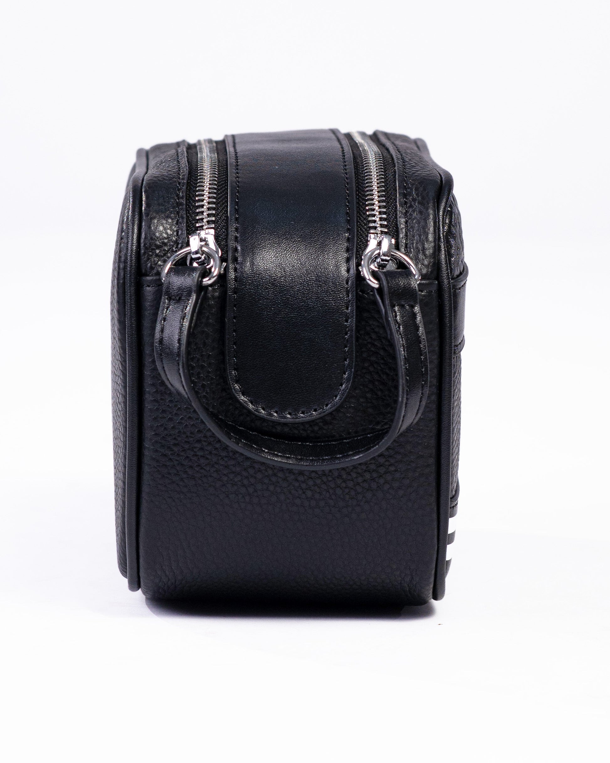 Black leather camera case on a white background