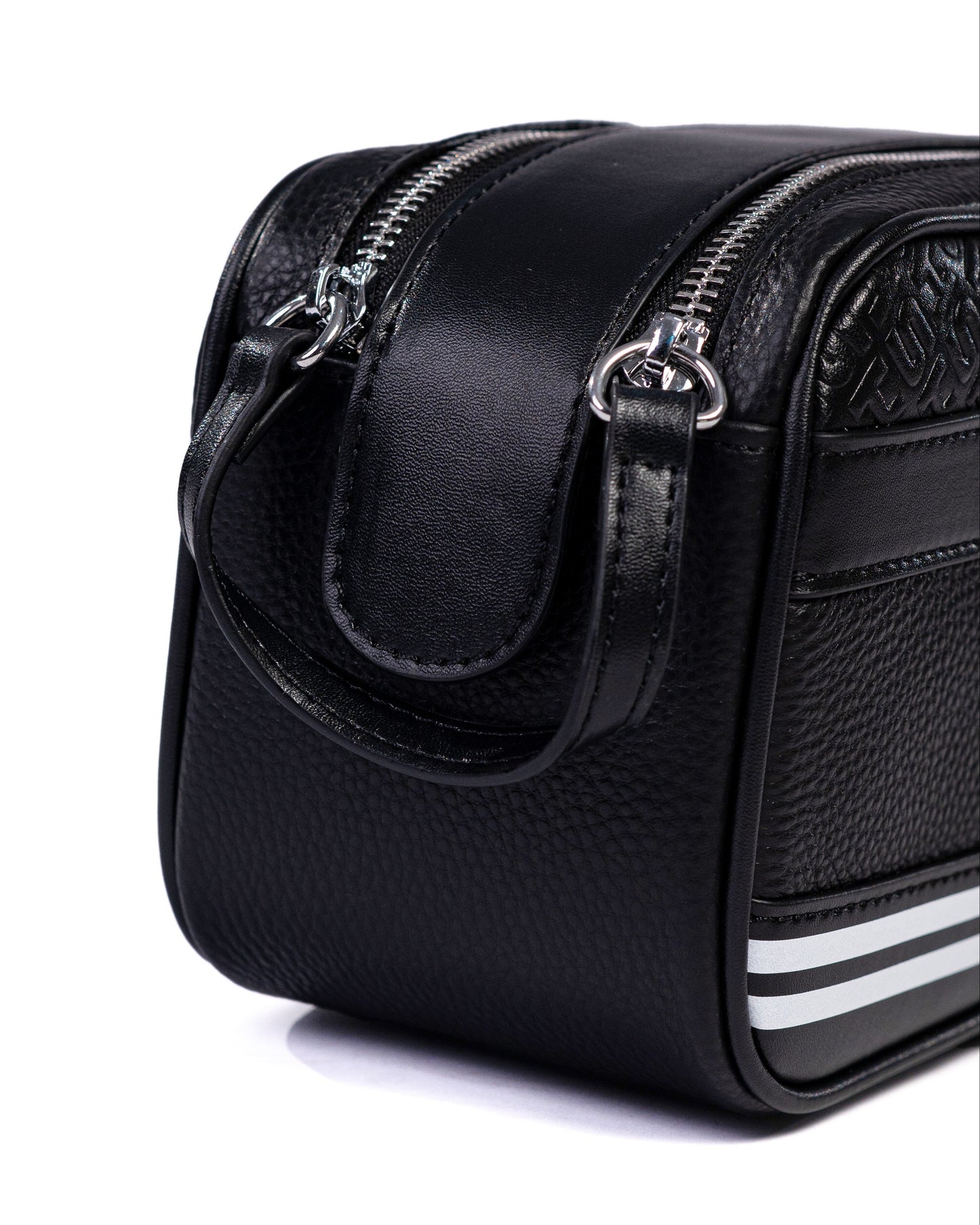 Black leather bag with a handle on a white background