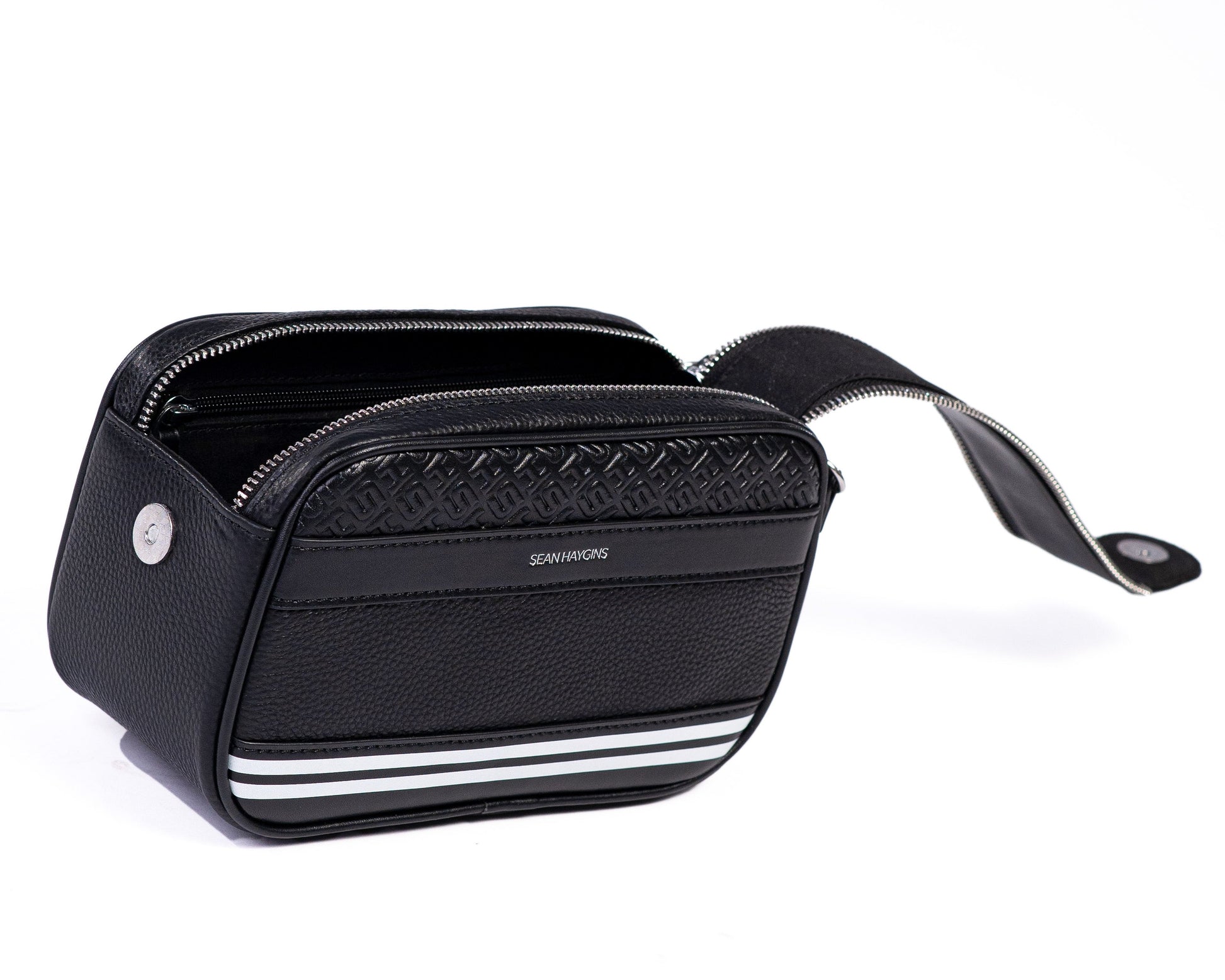 Black camera bag with brand logo on a white background