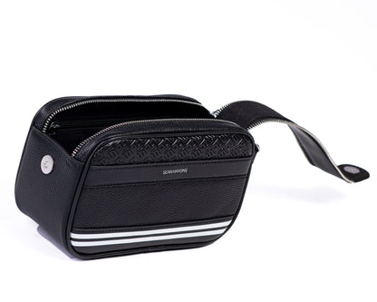 Black camera bag with brand logo on a white background