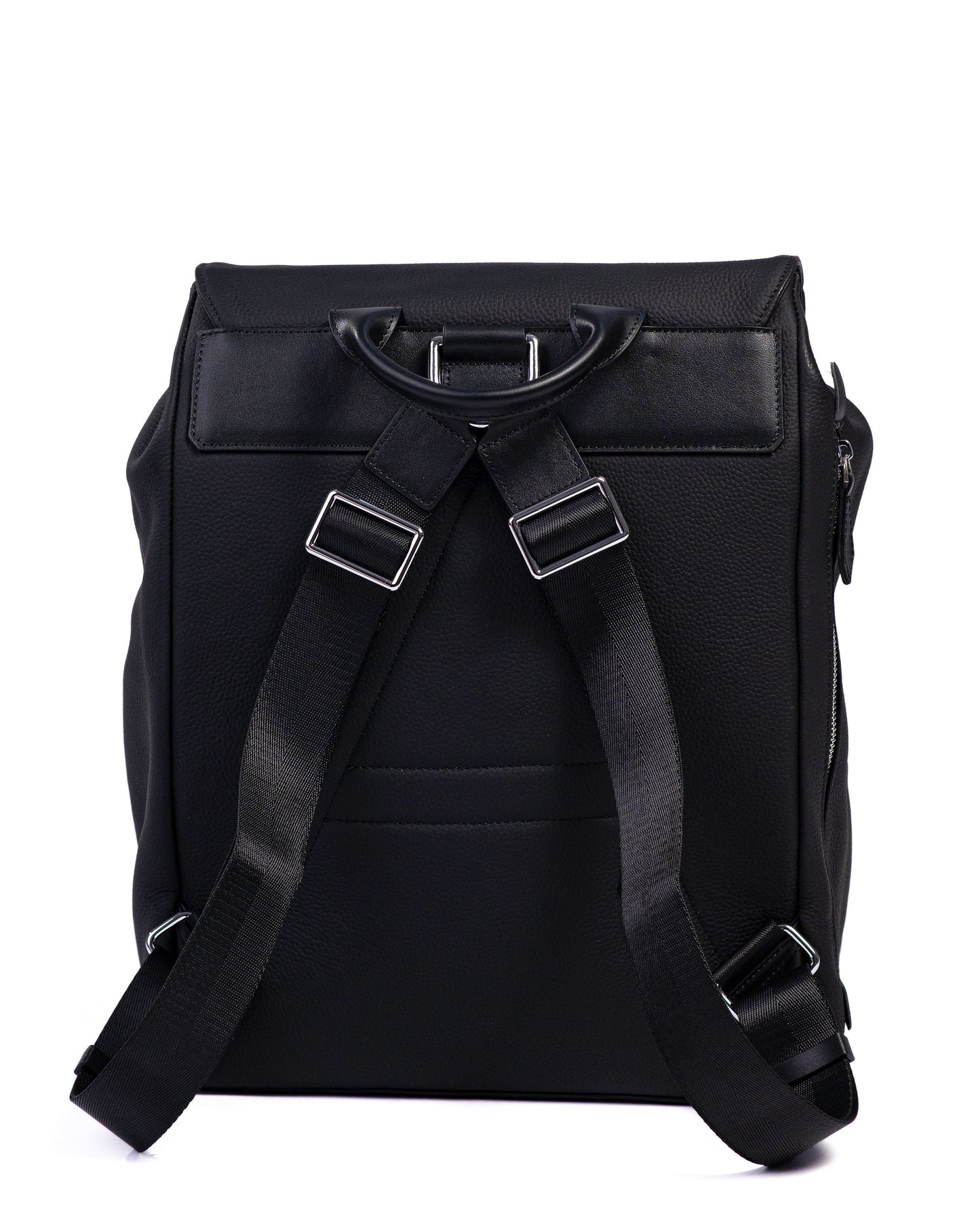 Black backpack with straps on a white background