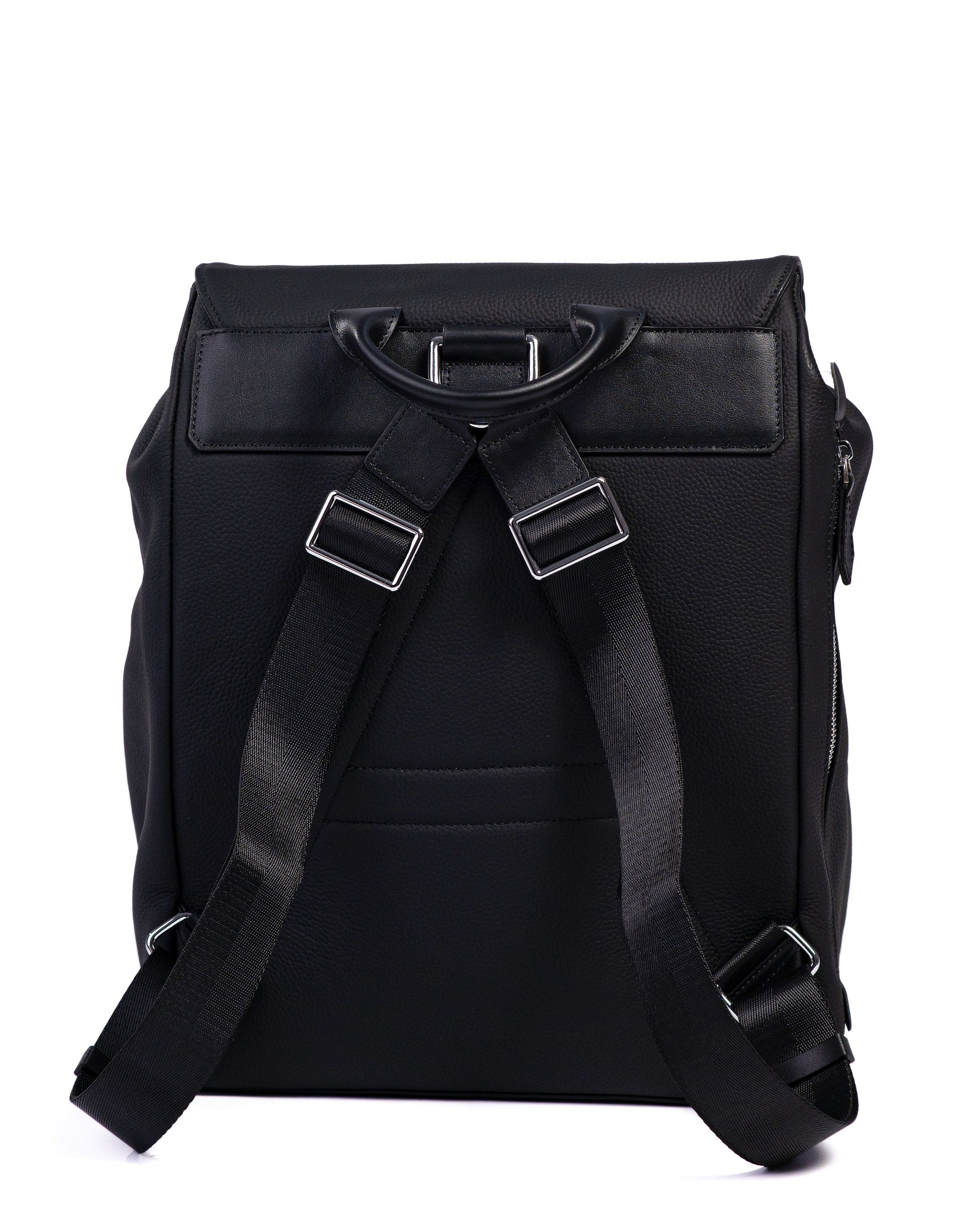 Black backpack with straps on a white background